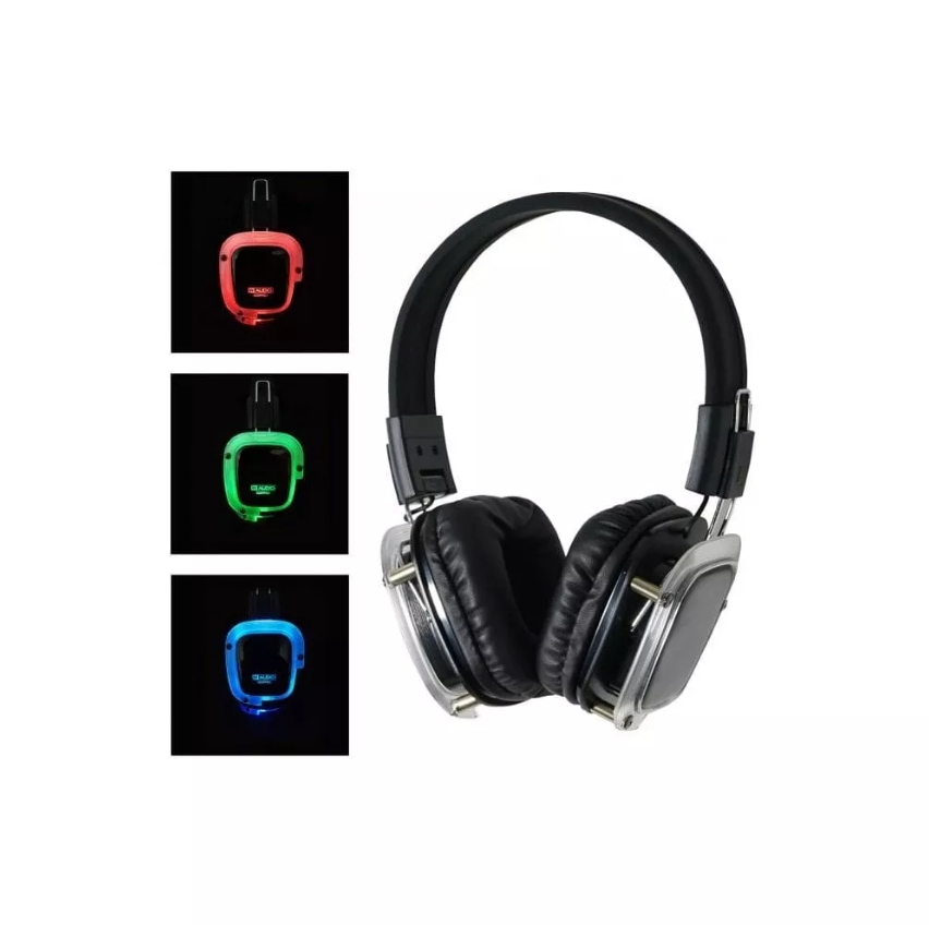 Premium wireless LED silent disco headphones with red, green and blue channel lights used by No Noise Devon