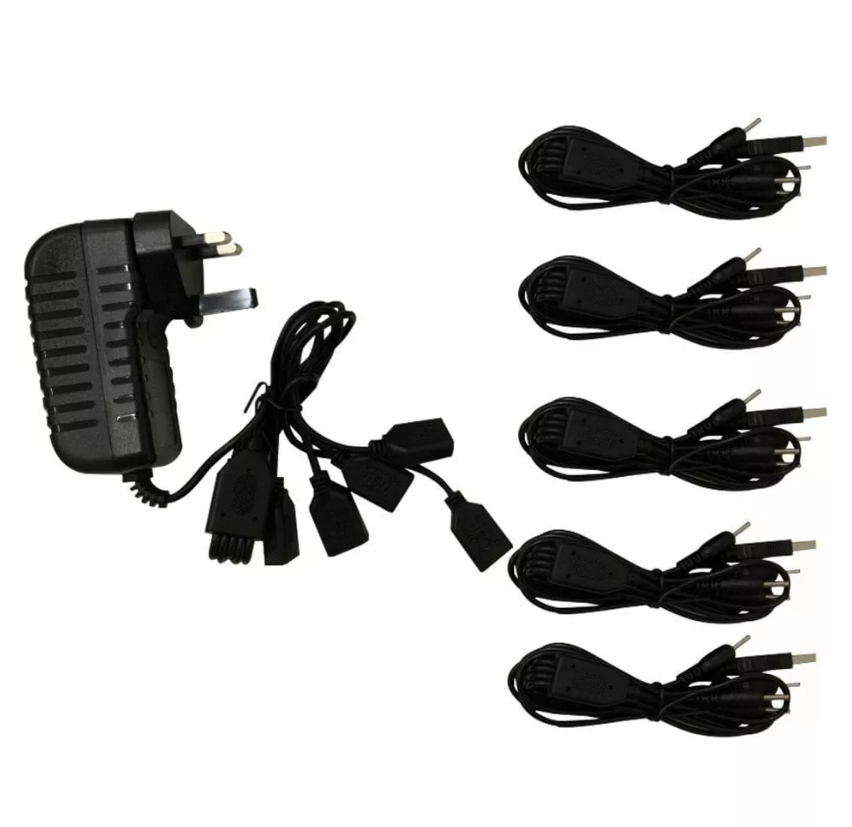 Multi-way silent disco headphones charging station with cables ready to power multiple headphones at once