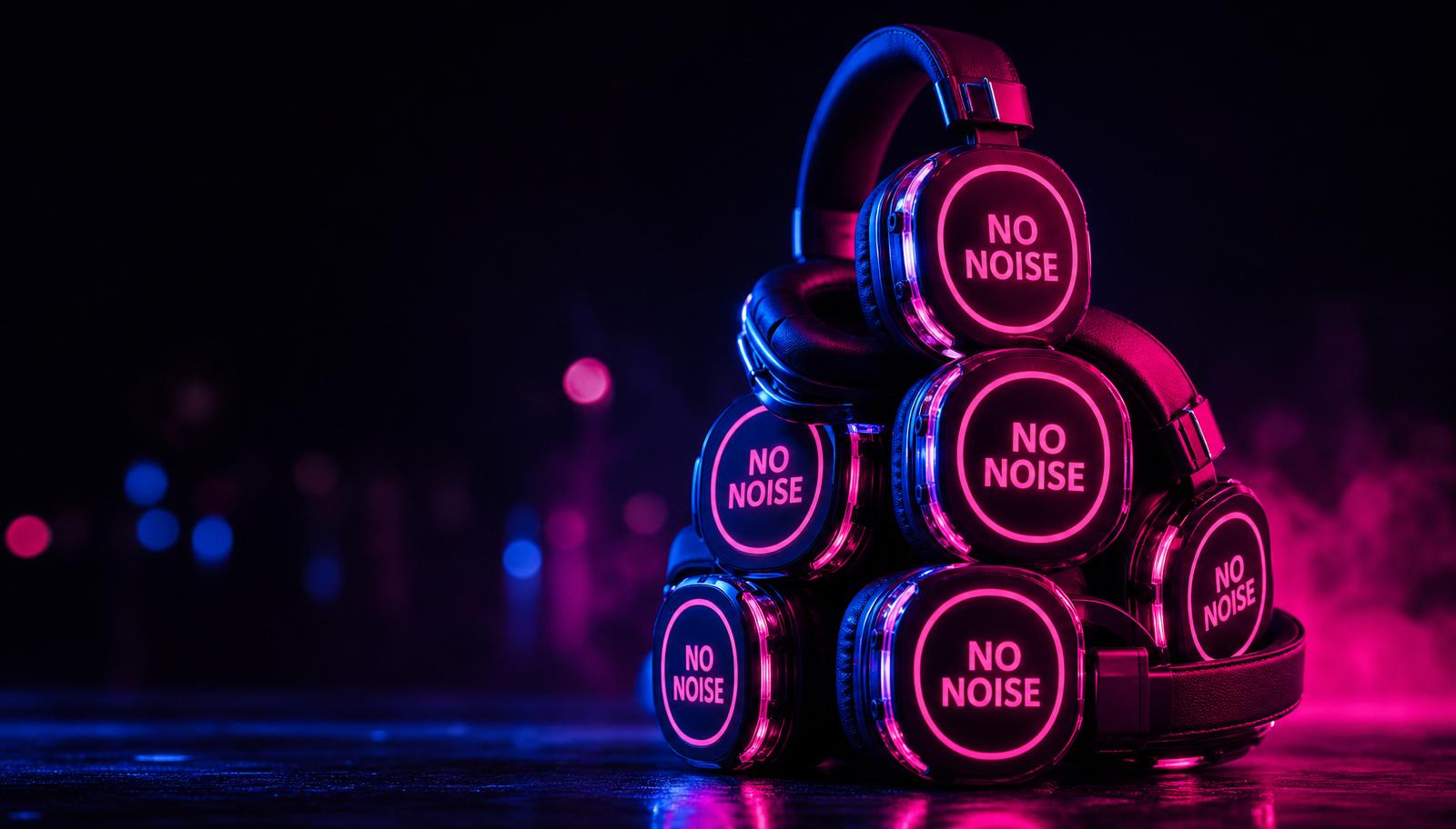 Stack of premium LED silent disco headphones glowing neon pink and blue with the No Noise logo — equipment used at every Devon event