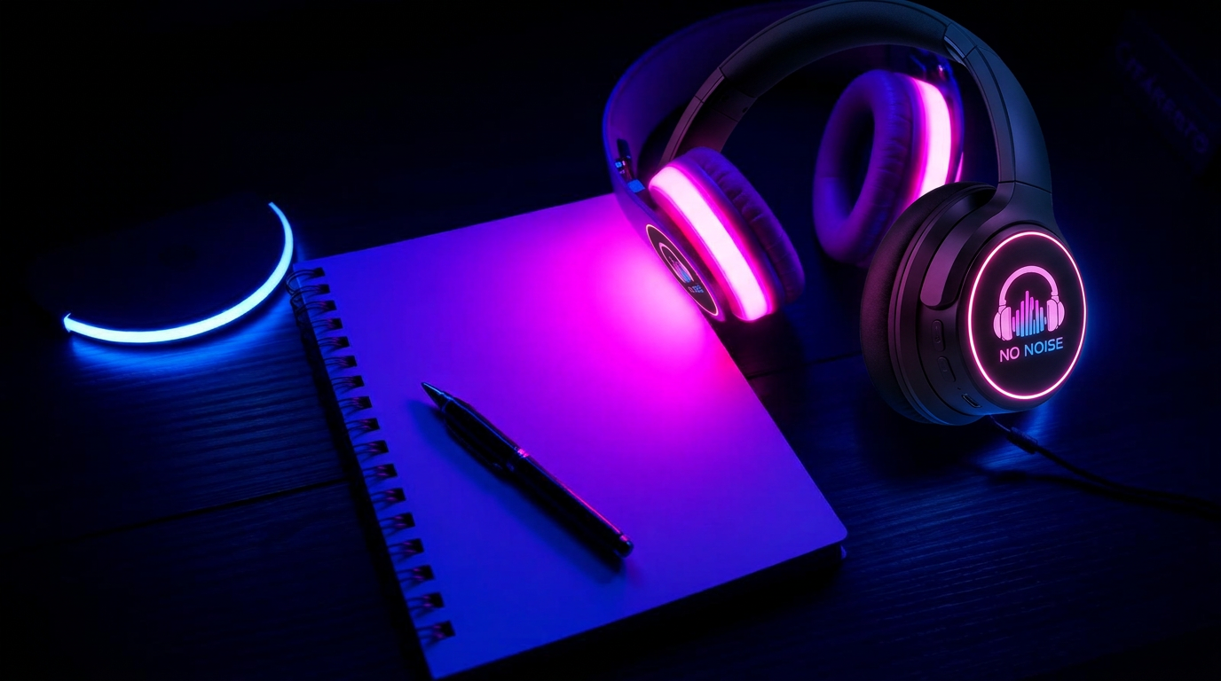 Event planner's notebook and glowing LED silent disco headphones — silent disco planning guides from No Noise Devon