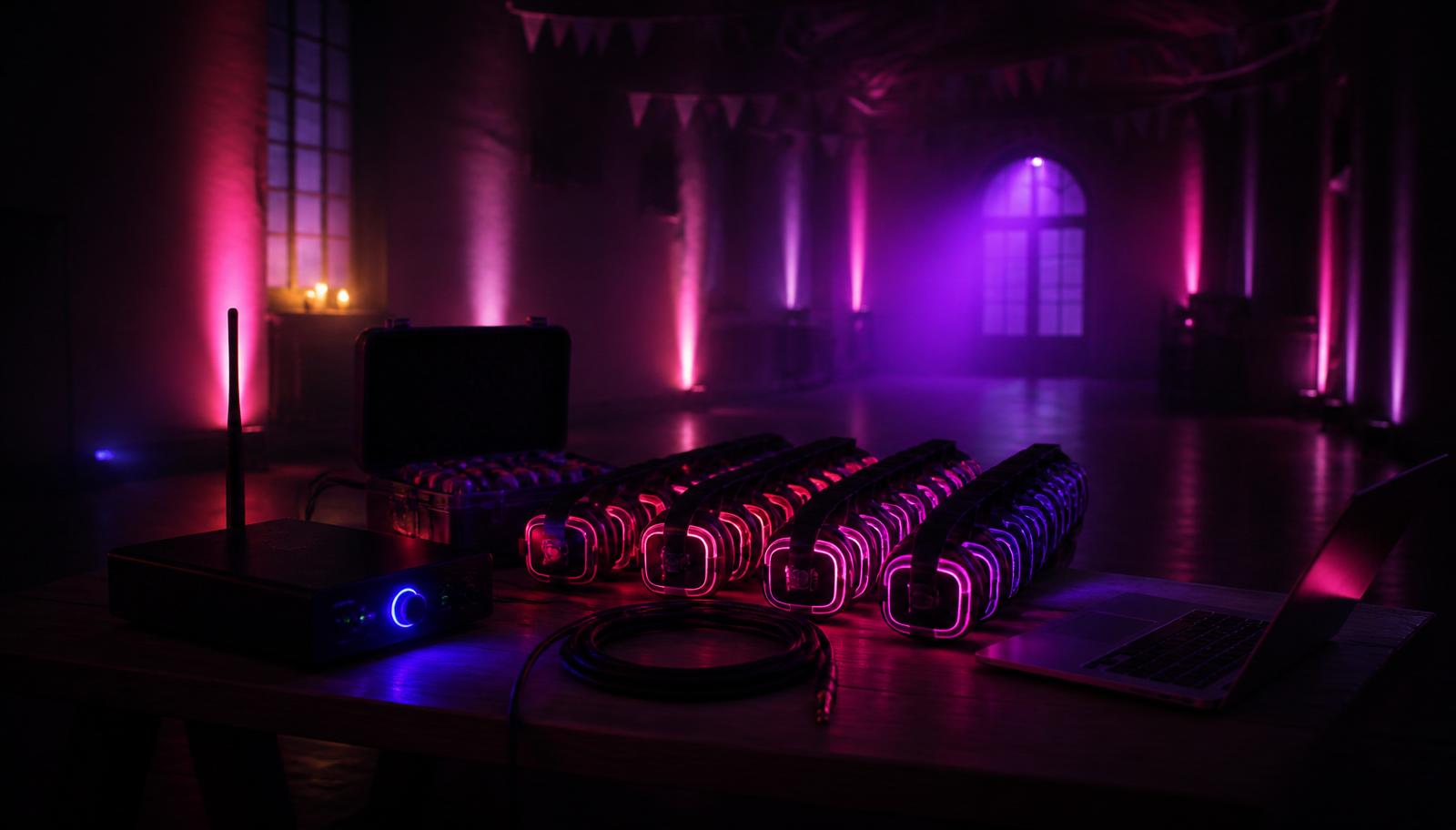 No Noise silent disco equipment set up on a table before an event in Devon — plug and play transmitter, glowing LED headphones and charging case