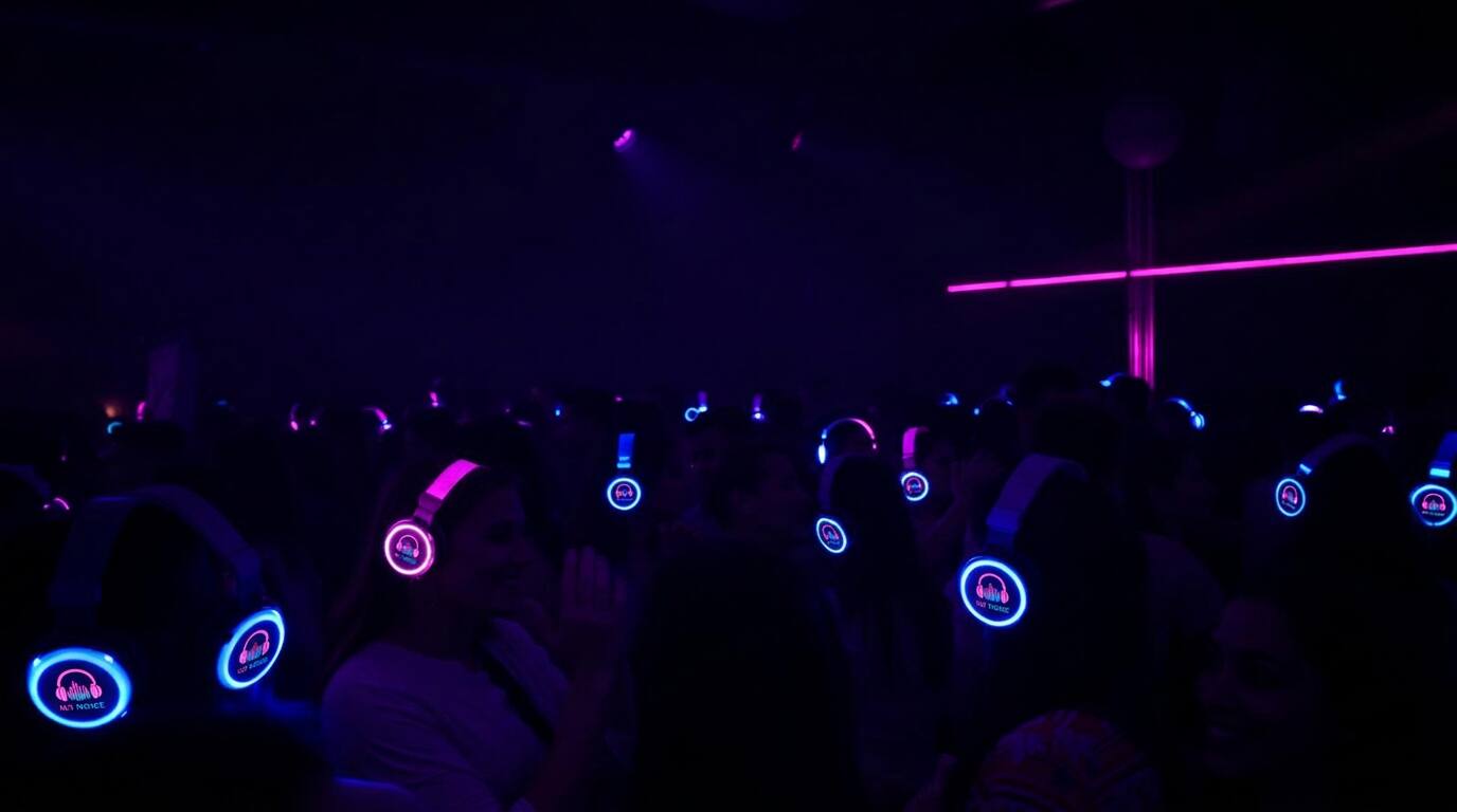 Guests wearing glowing No Noise LED silent disco headphones beside a traditional mobile DJ setup at a Devon event